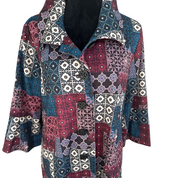 Multiples Large Multicolor Pattern Block 3/4 Sleeve Button Lined Jacket - Picture 1 of 6